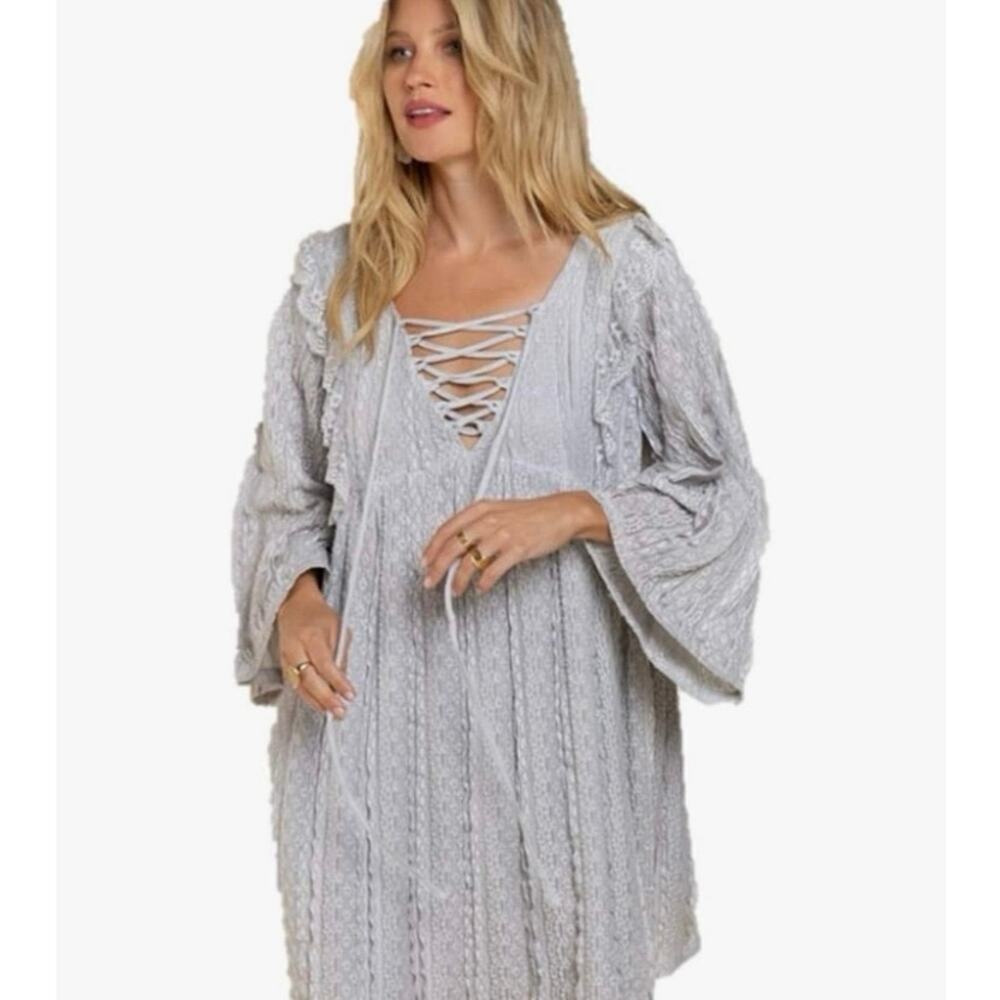 POL White Run Down Lace Ruffle Flare Sleeve Fairycore Whimsy Mini Dress L